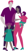 An illustration of a multicultural family of four. The father stands in back, the mother is holding an infant, and a toddler daughter stands in front.
