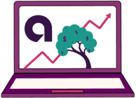 An illustration of an open laptop with an Ally logo, a money tree, and an staggered line and arrow trending up and to the right on the screen.