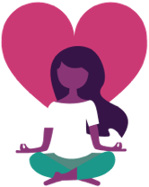 An illustration of a dark-skinned woman sitting in a meditative pose, with a large heart behind her.