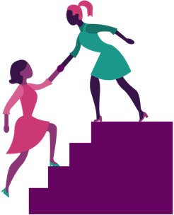 An illustration of a woman standing at the top of a flight of stairs, holding the hand of a woman at the bottom and helping her up.