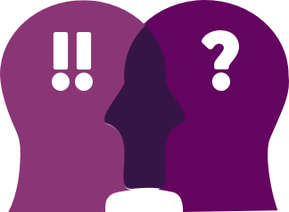 an illustration of two heads facing each other. The one on the left has two exclamation points on it, the one on the right as a question mark on it.