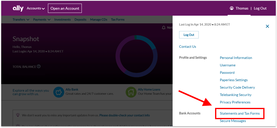 From the expanded menu, choose “Statements and Tax Forms” housed under the Bank Accounts label."