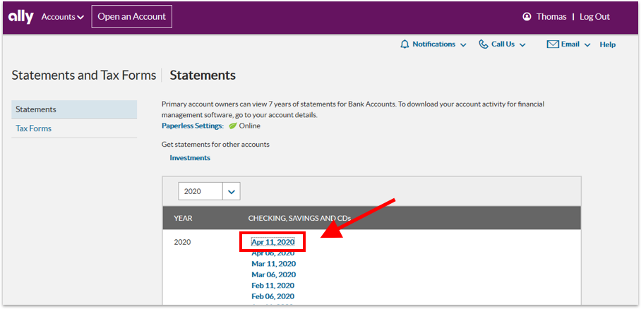 Choose the statement you need from within the statements table to download it to your device.