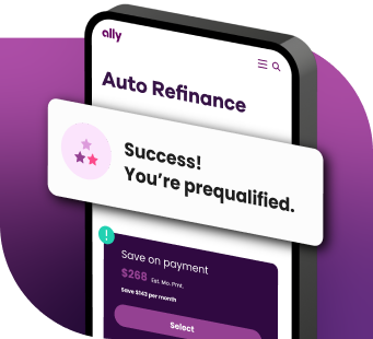a mobile phone screen displaying a success message telling users they have been pre-qualified for auto refinancing.