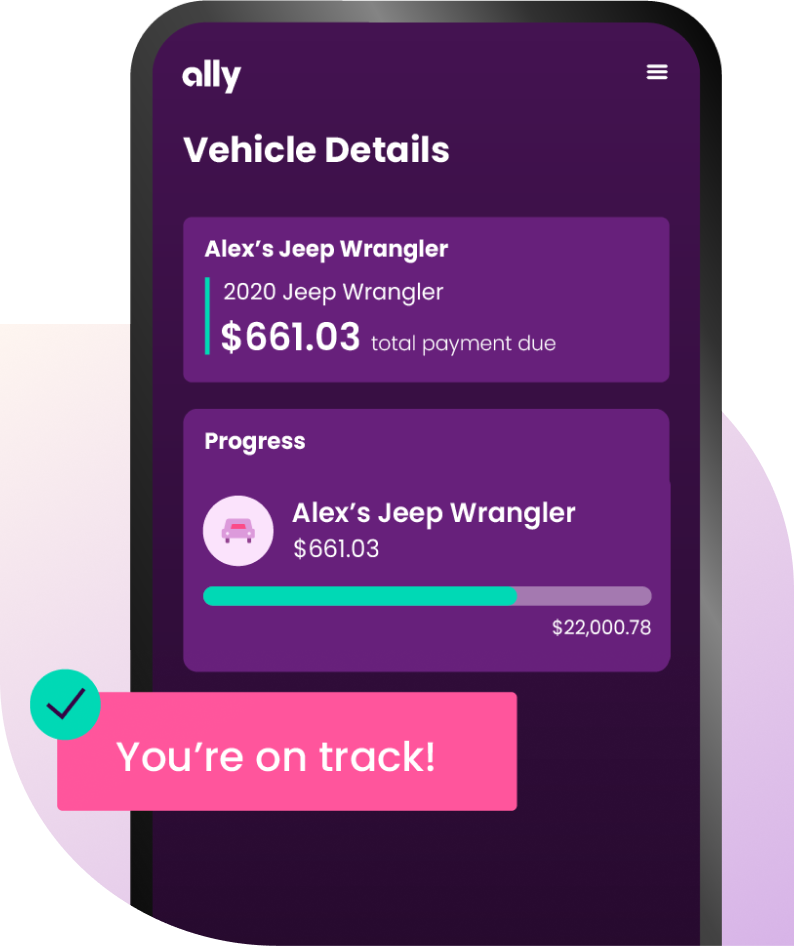 a mobile phone showing a vehicle payment due and how much progress has been made toward paying it off.