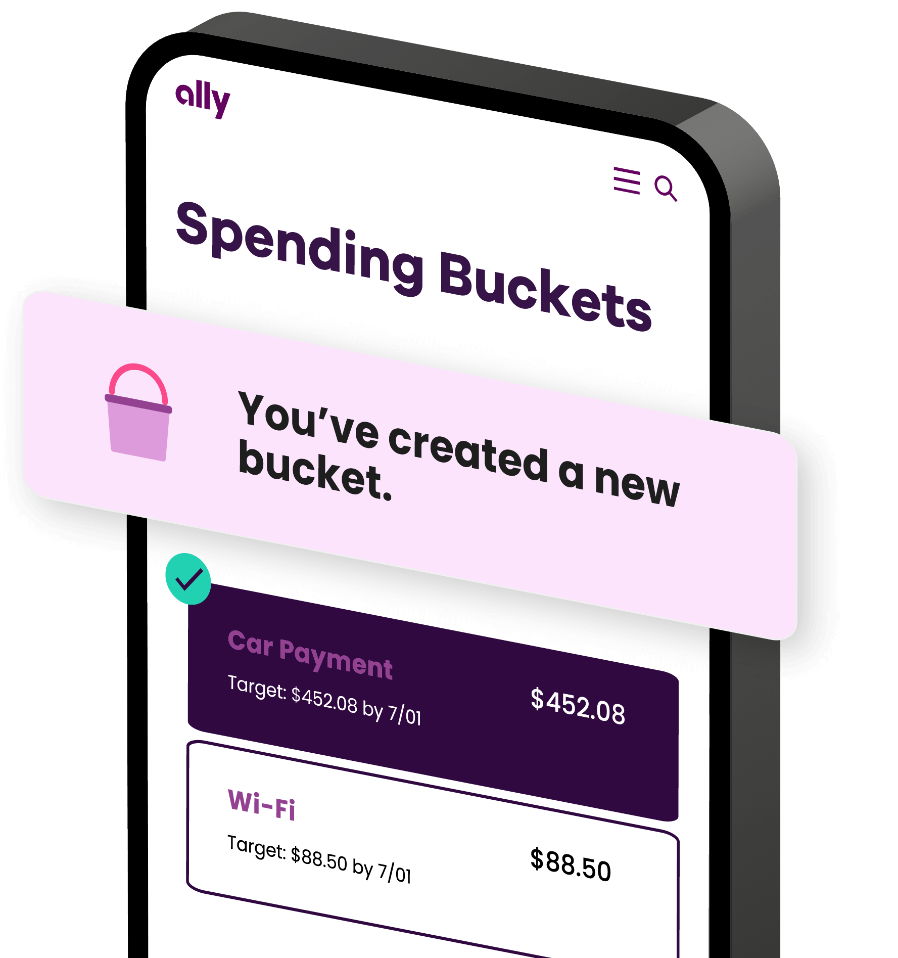 A phone screen showing spending buckets with the text "You've created a new bucket"