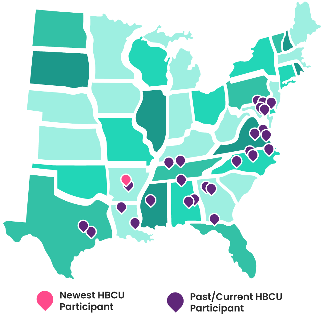 Colorful map with pins of all current and past participating HBCUs.