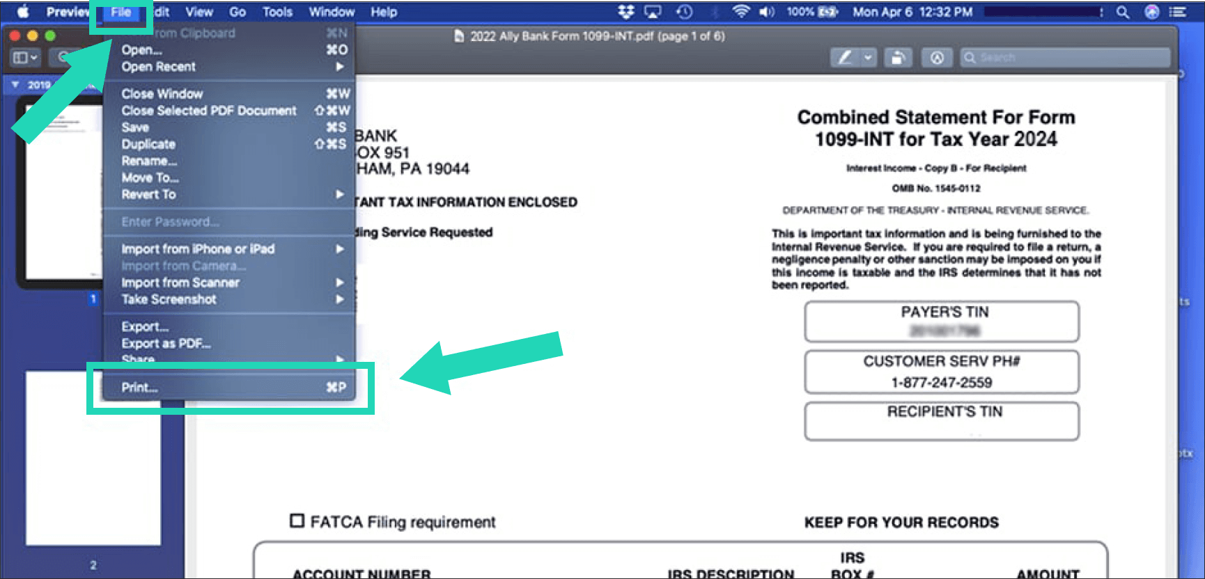 Safari image of Statements and Tax Forms page with arrow pointing to downloaded document button and highlighting tax form PDF link