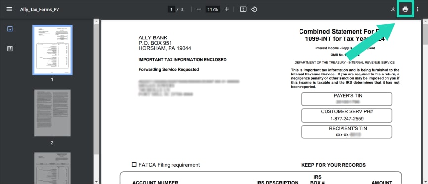 PDF image of 1099-INT tax document with an arrow pointing to printer icon.