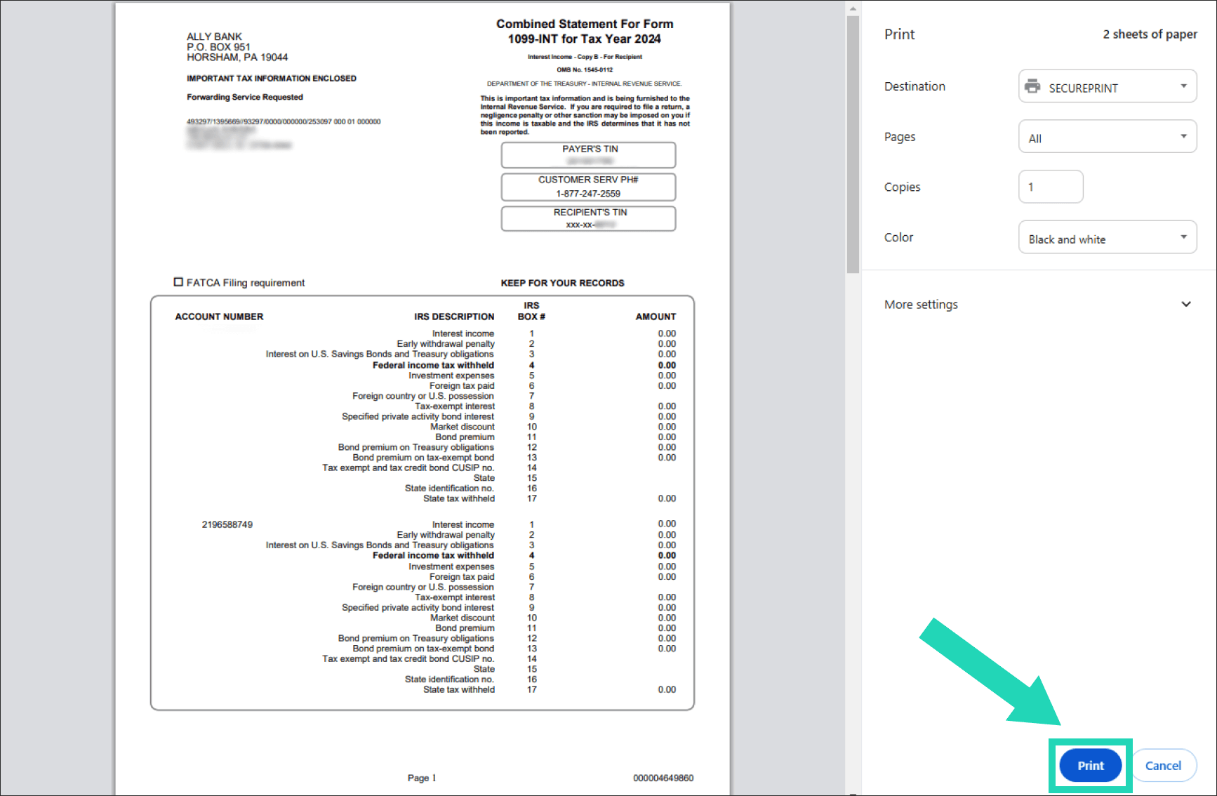 PDF image of 1099-INT tax document with an arrow pointing to print button.