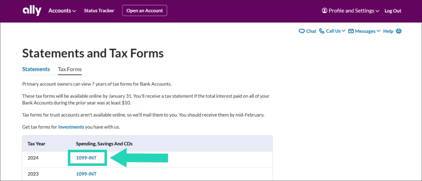 Image of the Statements and Tax Forms page with an arrow pointing to 1099-INT.