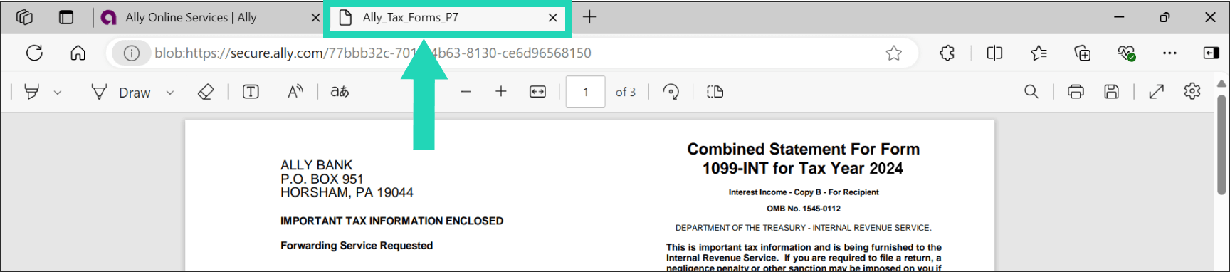 Microsoft Edge image of Tax Forms page with arrow pointing to Download document button and highlighting the Open file link.