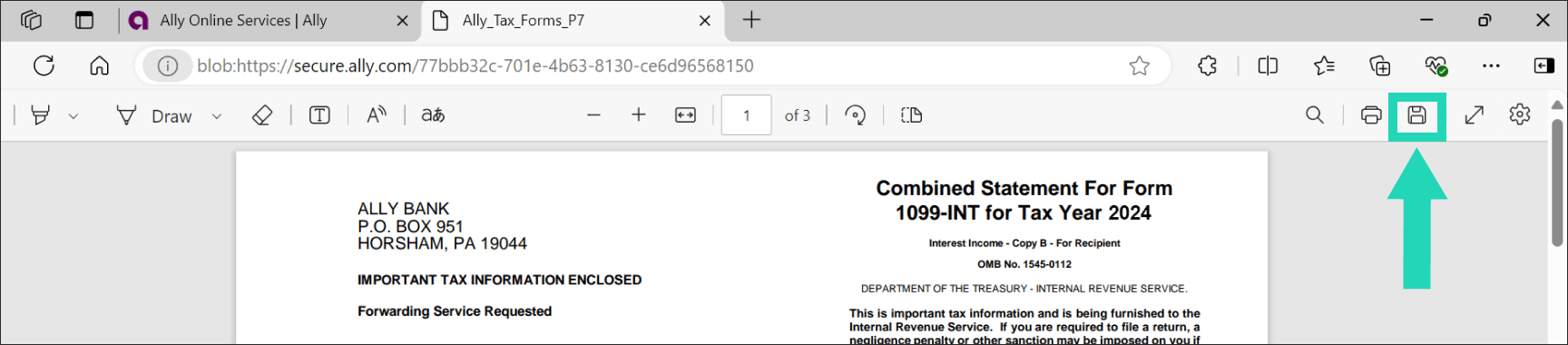 Image of PDF of 1099-INT tax document with an arrow pointing to the print icon.