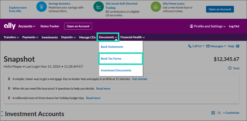 image of an ally account with a highlighted box around ‘Documents’ and ‘Bank Tax Forms.'