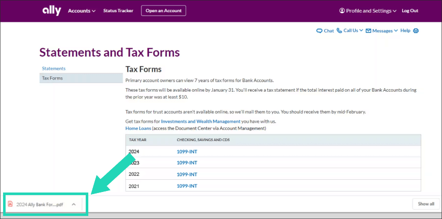 Google Chrome image of Tax Forms page with arrow pointing to downloaded document button and highlighting tax form PDF link.