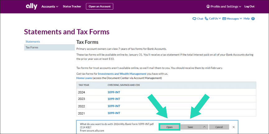 Image of Bank Statements and Tax Forms page with arrows pointing to ‘Open’ and ‘Save’ buttons.