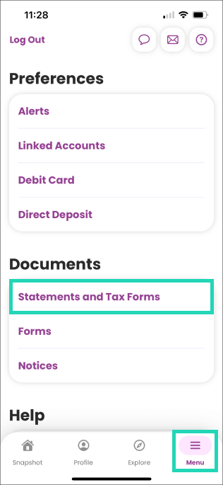 Image of Ally Mobile app with highlighted boxes around ‘Statements and Tax Forms’ and the menu option.