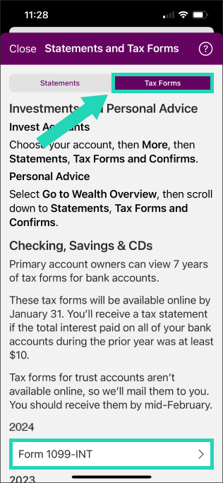 Image of Ally Mobile app with highlighted boxes around ‘Tax Forms’ and ‘Form 1099-INT'