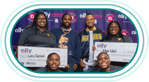 Image of the 2023 Moguls competition winners:  Javen Washington, Nyla Ward, Laia Garland, and Teco Bynum with Big Sean and Terrance J.