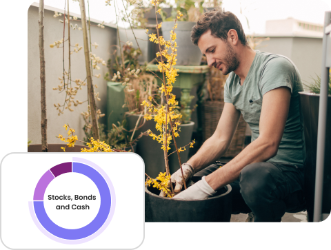 A man, enjoying his free time, gardens on a patio. Beside that image, a pie chart — an example from a typical Automated Investing account — depicts a possible allocation of stocks, bonds and cash.