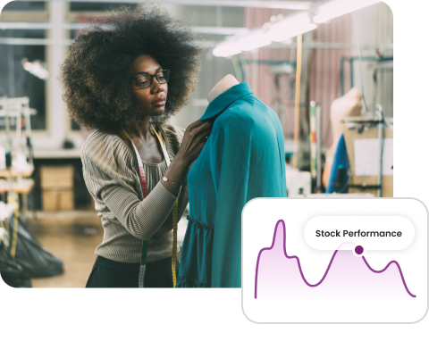 A woman focuses as she makes alterations to a dress on a mannequin. Beside that image, a line chart — an example from a typical Self-Directed account — depicts the possibility of varying performance for an individual stock over time.