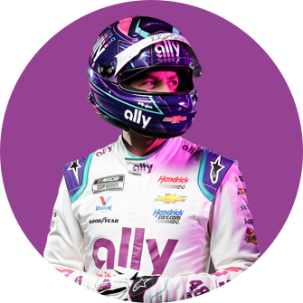 Ally Racing driver Alex Bowman wearing his racing uniform and helmet.