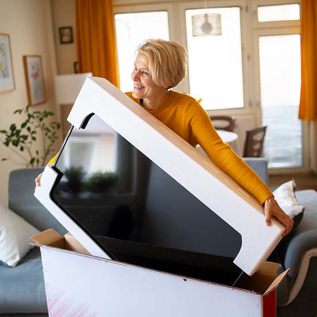 A woman unboxing a television in her living room.