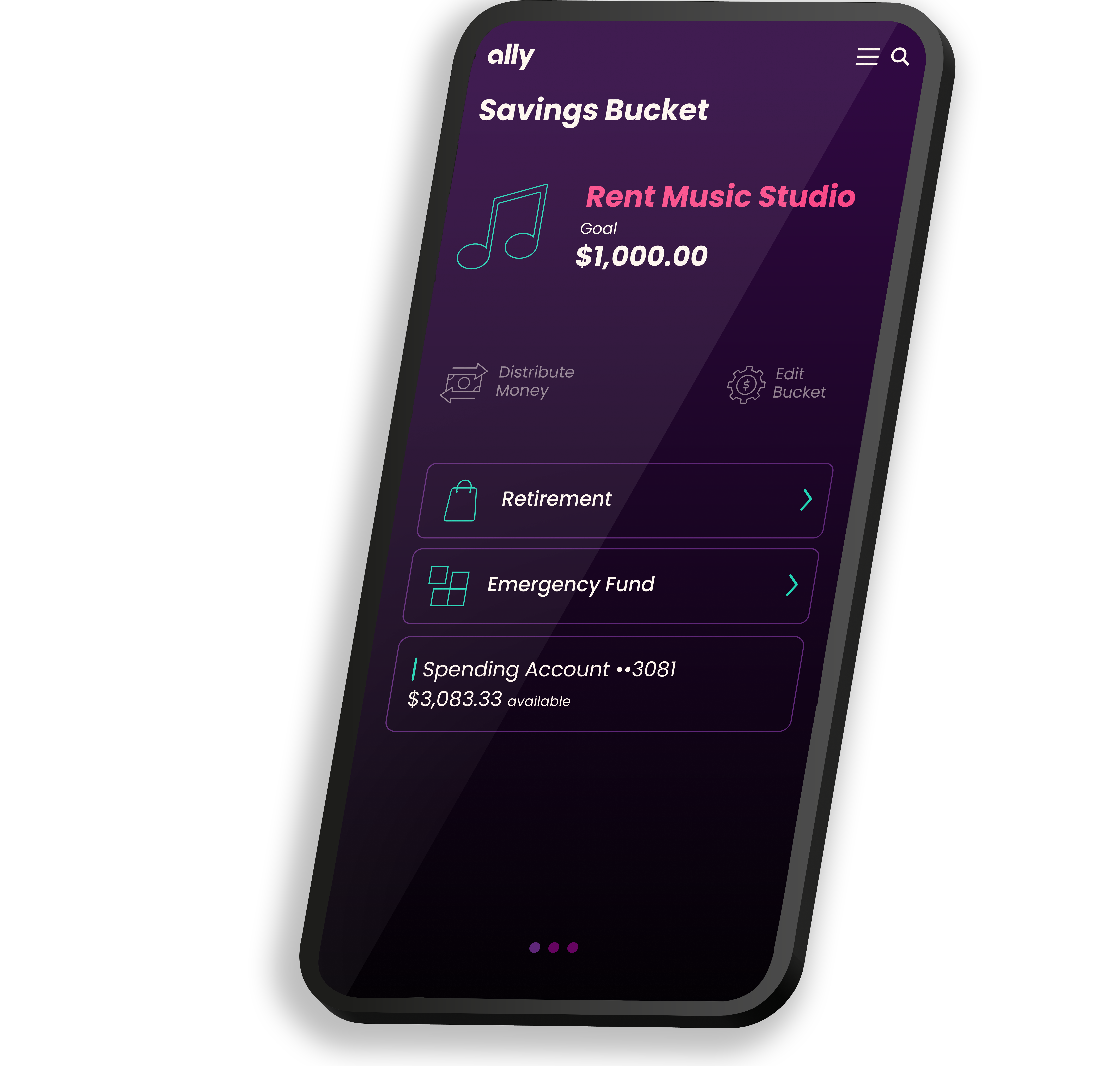 Illustration of Ally Savings Buckets on a phone screen. The Saving Buckets featured are Rent Music Studio with a savings goal of $1000.00, Retirement with a savings goal of $750.00,  and Emergency Fund with a savings goal of $500.00.