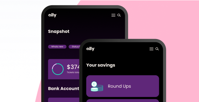 Savings Account app screens showing the available boosters and the home account snapshot.