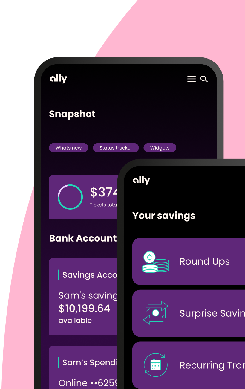 Savings Account app screens showing the available boosters and the home account snapshot.