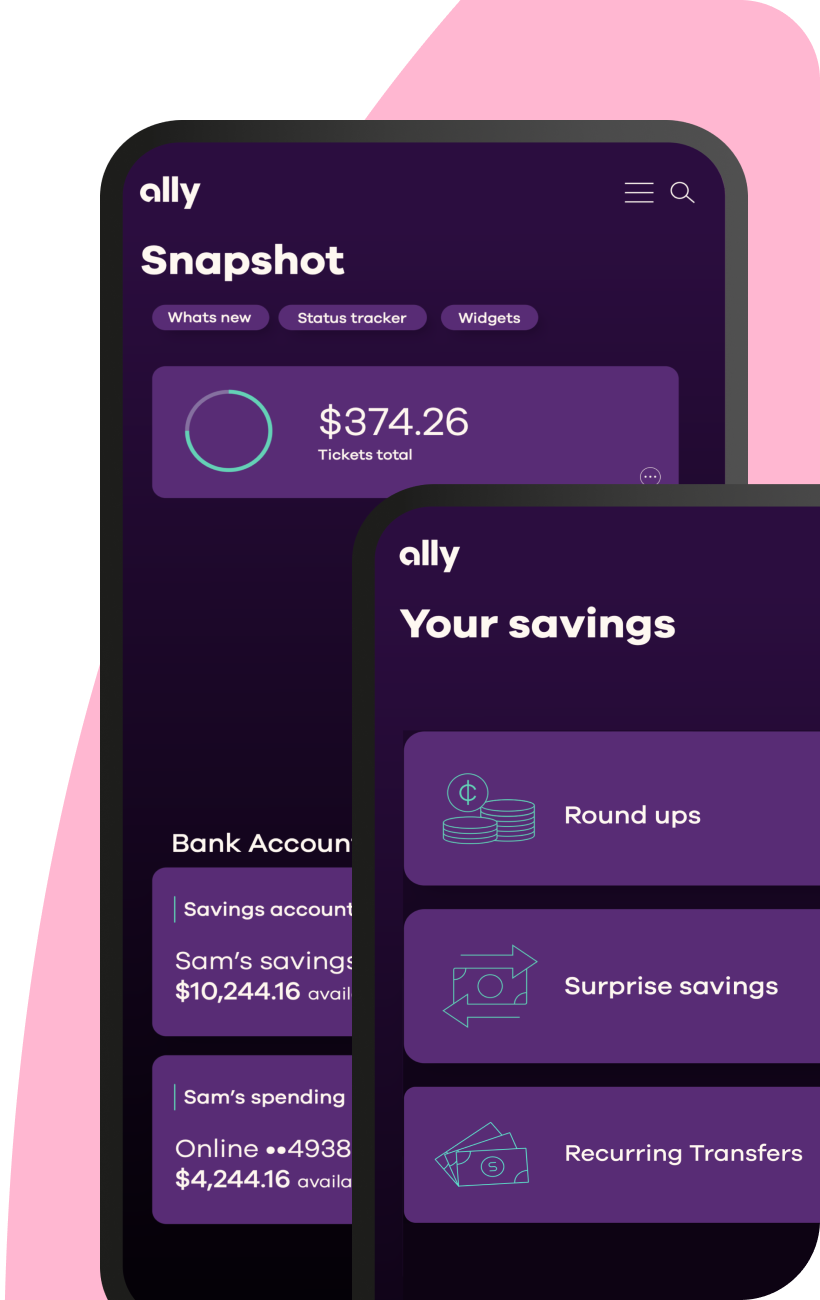 Savings Account app screens showing the available boosters and the home account snapshot.