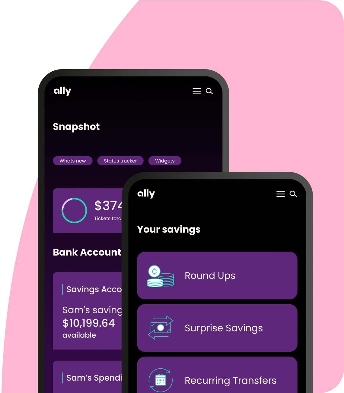 Savings Account app screens showing the available boosters and the home account snapshot.