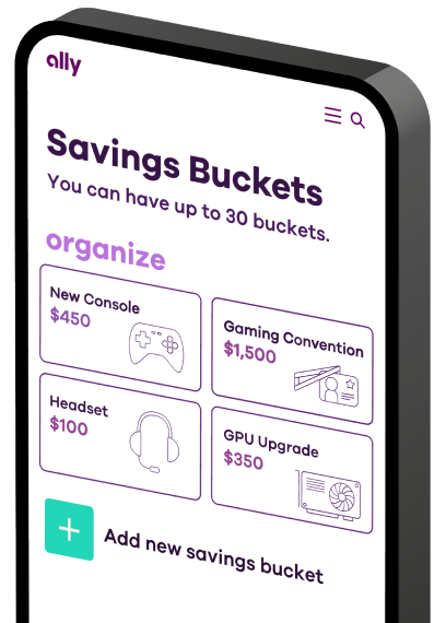 A phone screen depicting savings buckets for a new console, a gaming convention, a headset and a GPU upgrade