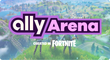 A purple logo that says Ally Arena created in Fortnite 
