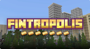 A gold logo that says Fintropolis on top of a digital city skyline